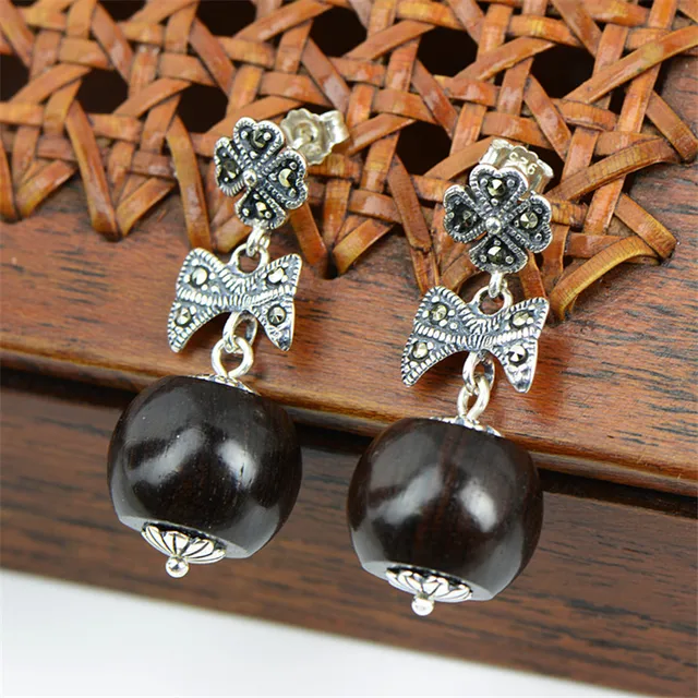 Pusety Vintage Marcasite Earrings 925 Sterling Silver Natural Ebony Pusety Vintage Marcasite Earrings 925 Sterling Silver Natural Ebony Wood Stud Marcita C