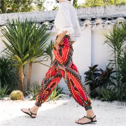2019 Летний Пляжный богемный брюки женские шаровары с высокой талией Плюс Размер винтажные свободные шаровары брюки женские 2107