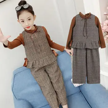 

Fashion Girls Clothes 3pcs Long Sleeve Plaid Vest + Shirt Tops + Pants Clothing Outfits Spring 2020 Korean Clothes Sets Costume