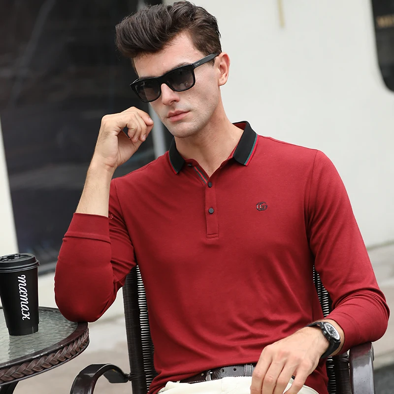 

New Long Sleeve Polos Men's Tees Male Cotton Tops Business Casual Lapel Plain Embroidered Men's Polos