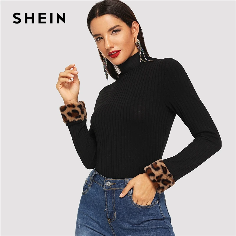 

SHEIN Black Elegant Leopard Print Fur Cuff Slim Fitted High Neck Long Sleeve Workwear Tee Autumn Casual Women Tshirt And Top