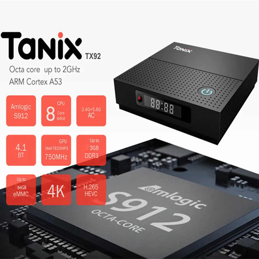

Original Tanix TX92 TV Box Amlogic S912 Octa-core Bluetooth Android 7.1 Set-Top Box 3+32G 5G Wifi 4K TV Media Player