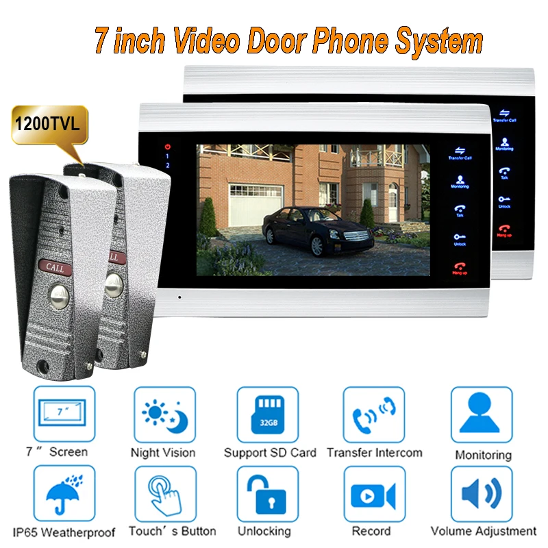 

New 7 inch 1200TVL Video Door Phone Doorbell Intercom system With IP65 Camera DoorPhone 2V2