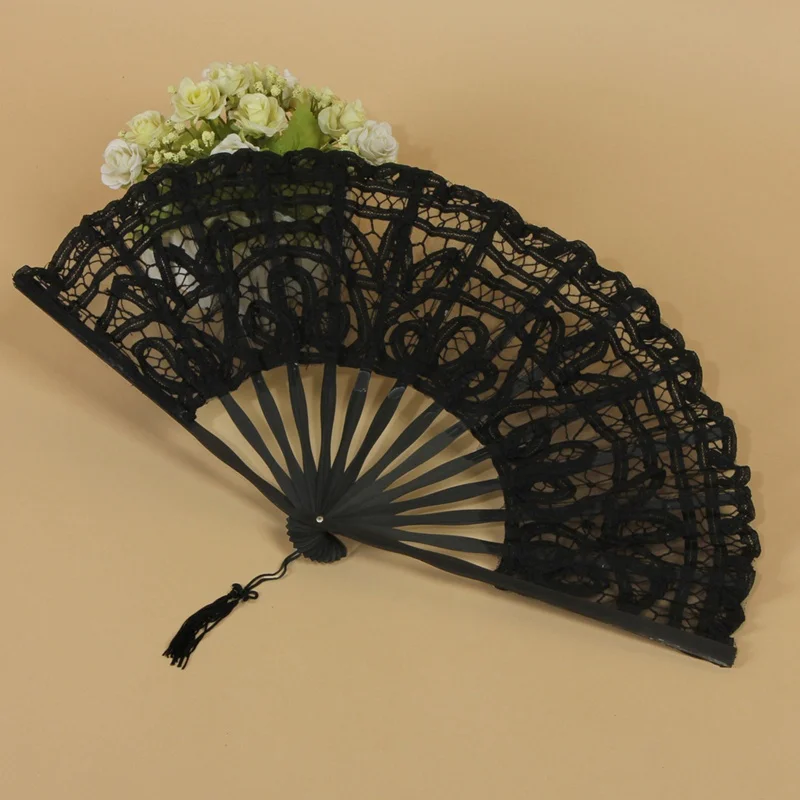 Элегантный костюм реквизит зонтик и веер для женщин принцесса косплей, хлопковый кружевной зонтик Свадебная вечеринка деревянный Зонт Ручной Веер - Цвет: Black Fan