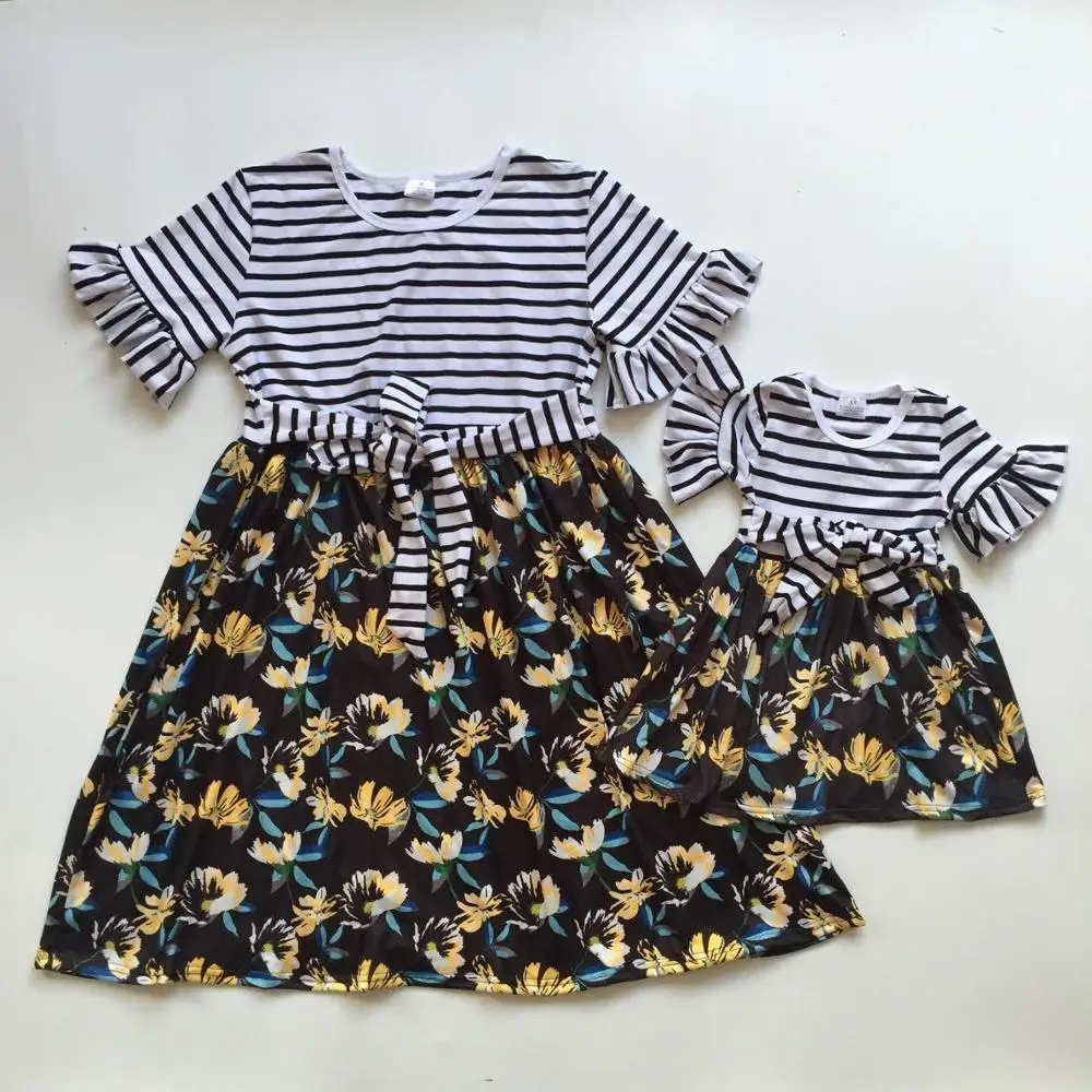

Mommy and baby girls clothes summer dress white black stripe top floral dress mommy me dress with bow