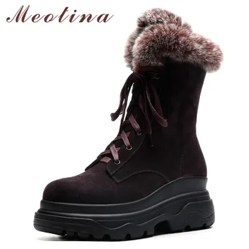 

Meotina Real Fur Snow Boots Women Genuine Leather Flat Platform Mid-calf Boots Plush Zipper Shoes Lady Winter Black Size 34-39