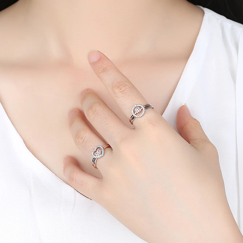 ELESHE 925 Sterling Silver Rings Geometric Women Classic Heart Full Pave AAA Cubic Zircon Engagement Wedding Band Ring for Girl