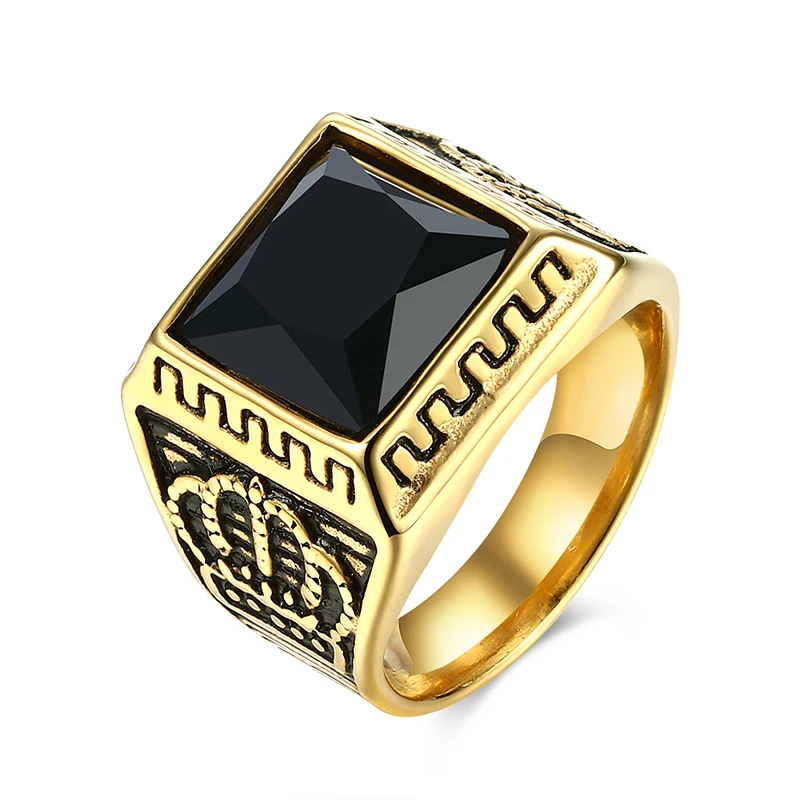 Vintage Mens Rings With Tiara Crown Engraved Retro Style Stainless