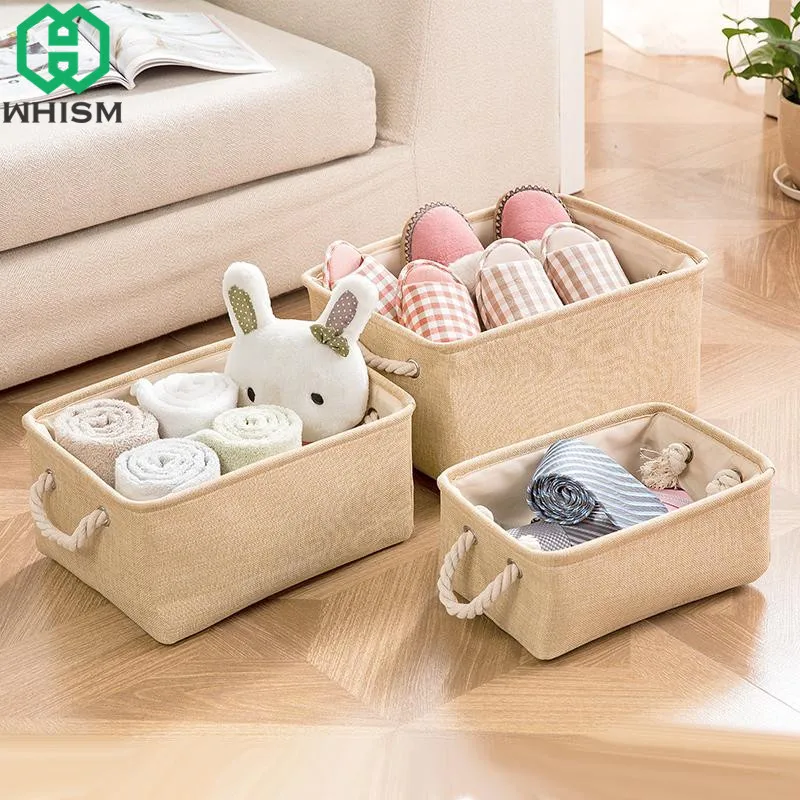 

WHISM Folding Storage Box Makeup Organizer Children Toys Clothes Holder Sundries Container Cotton Linen Storage Bin Organizador