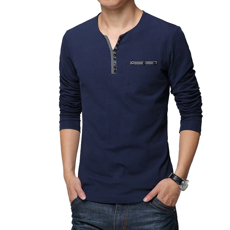 

2016 Euro Style Autumn Men's T-shirt Button Decoration Long Sleeve T-shirt Casual T-shirt Pure Color Slim Fit T Shirt for Men