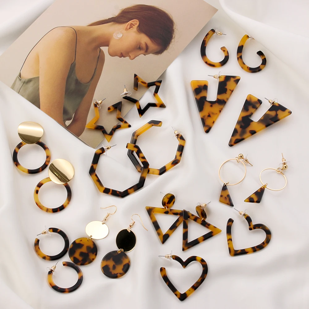 

Vintage Long drop Earrings Women Fashion Leopard Print Tortoiseshell Acetate Resin Acrylic Heart Star Circle Geometric Earrings