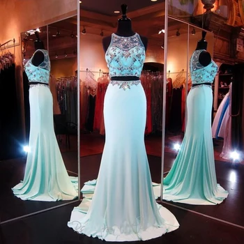 

Light Blue Two Piece Prom Dresses Crystal Beading Jewel Neck Sheers See Through Long Dress For Women