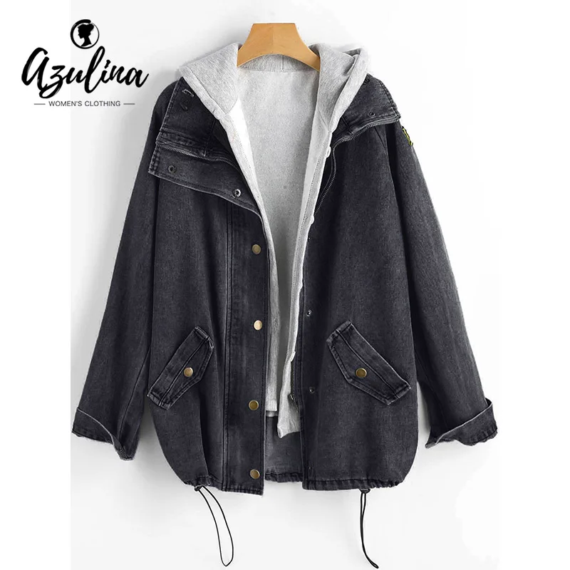 Goedkoop AZULINA Knop Up Hooded Denim Jacket Vrouwen Jas 2018 Herfst Winter Jeans Jassen Vrouwelijke Casual Uitloper Brede Taille Lange tops