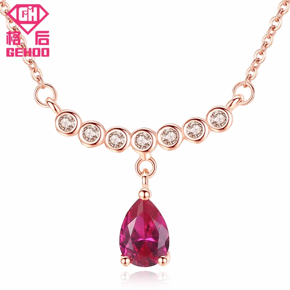 

GEHOO Fine Jewelry Pretty Red Ruby Water Drop Zircons Pendant Necklaces Charm 925 Sterling Silver Rose Gold Chain Choker Women