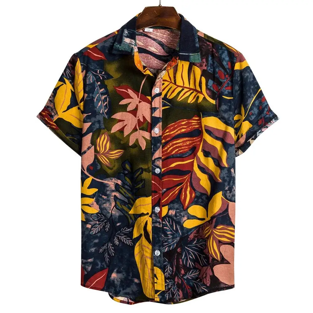 Мужская Этническая рубашка с коротким рукавом, повседневная, хлопок, лен, с принтом, гавайская рубашка, блузка, пара, свободная, гавайская, дышащая, Пляжная, морская
