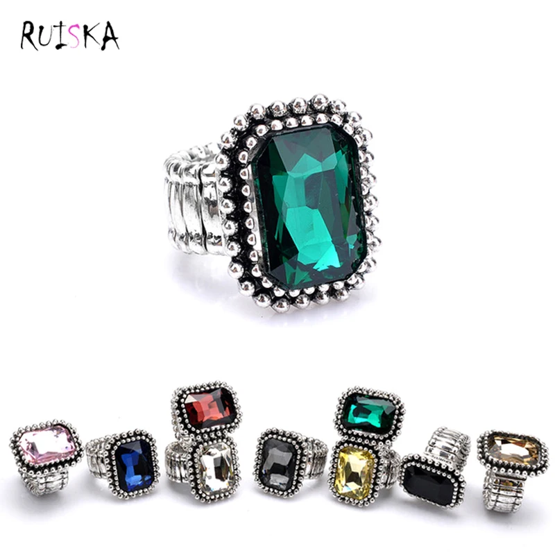 R012 5 Trendy Stretch Rings For Women Black Crystal Silver Plated Ring