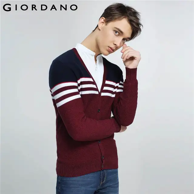 Giordano Men Sweater Combed Cotton V Neck Cardigan Stripes Jacquard Ribbed Crewneck Warm Sweaters Homme Uomo Maglione Brand