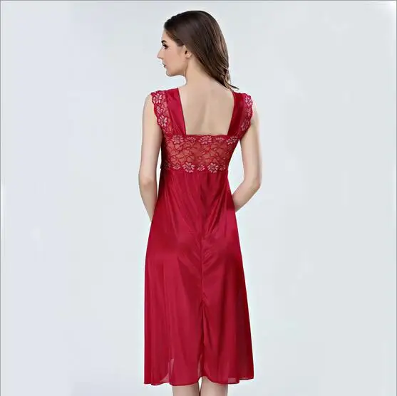 Summer Dress Lace Sleeveless Lingerie Sexy Women Nightwear Silk Night Gowns Satin Nightgown Sleepwear Red/Black Pink Q134