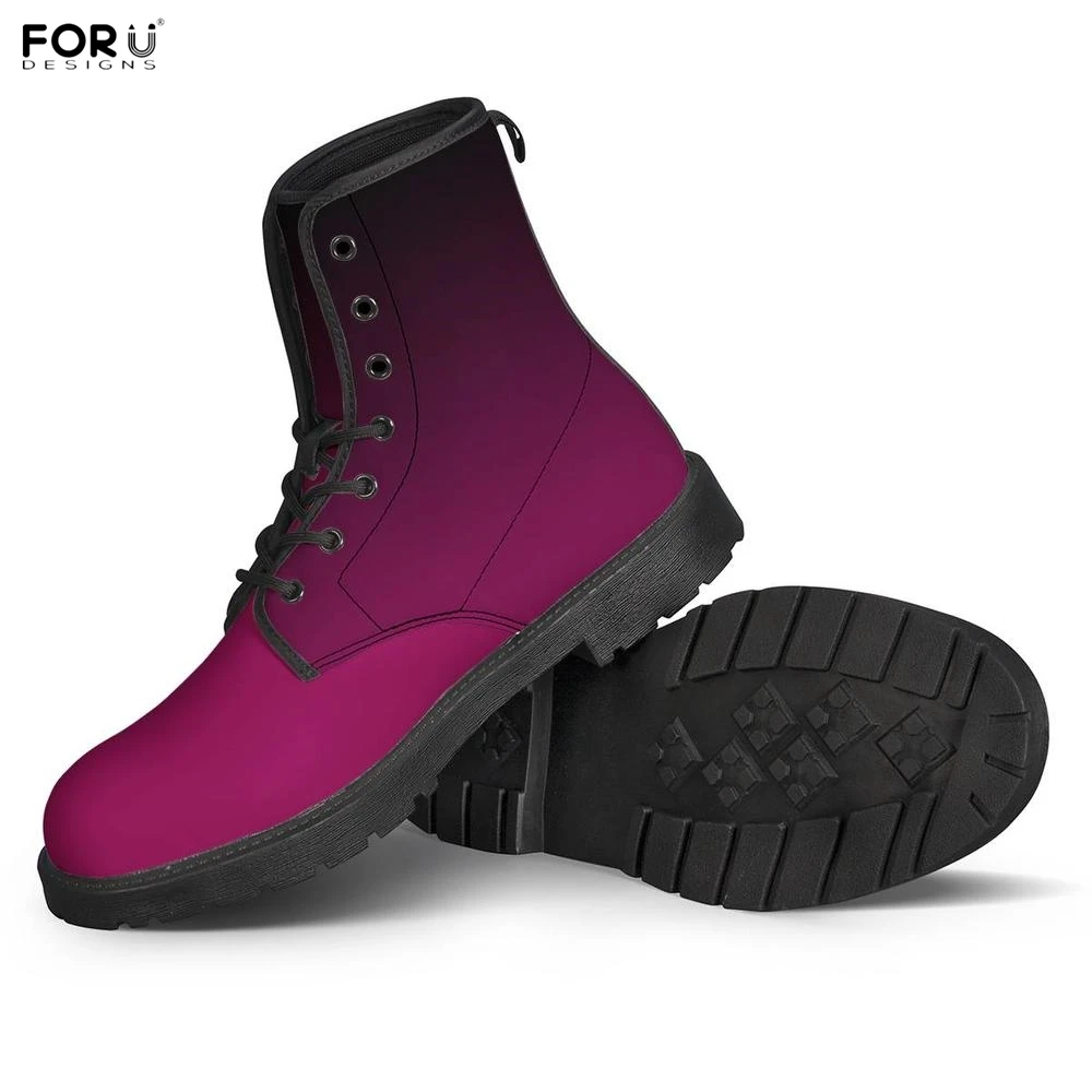 

FORUDESIGNS Black Red Gradient Color Pattern Woman PU Leather Boots Woman Lady Winter Shoes Ankle Round Toe Punk Platform Boots