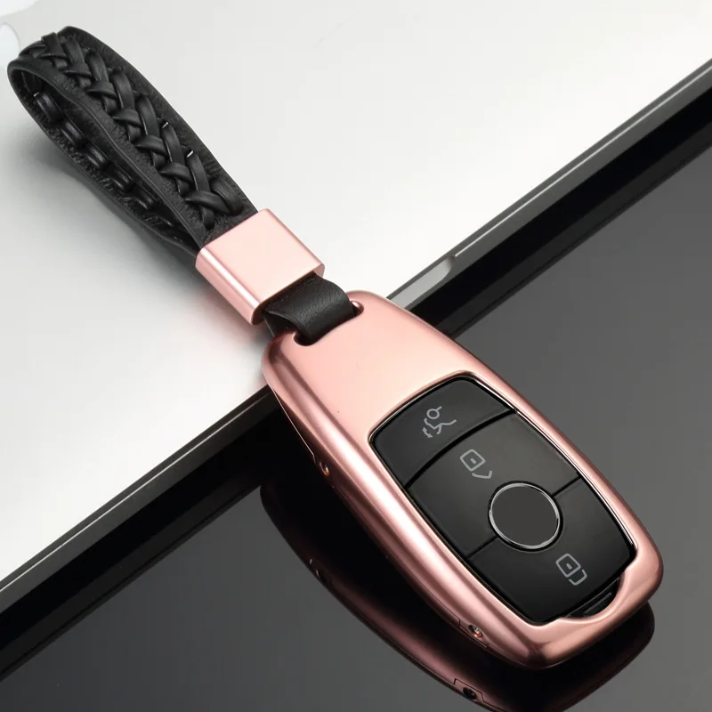 Автомобильный брелок для ключей крышка чехол для ключей с брелок с заплетенной тесьмой кольцо для Mercedes Benz E Class W213 оболочки из алюминиевого сплава - Название цвета: Rose gold
