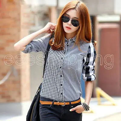 

Retro Vintage Casual Button Down Women Long Sleeve Shirts Patch Lady Plaid Shirts Grey PLUS SIZE