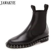 2018 estilo Punk sapatos de inverno rebites cravejado genuínos Ankle Boots de couro para as mulheres dedo do pé Redondo botas femininas martin botas curtas
