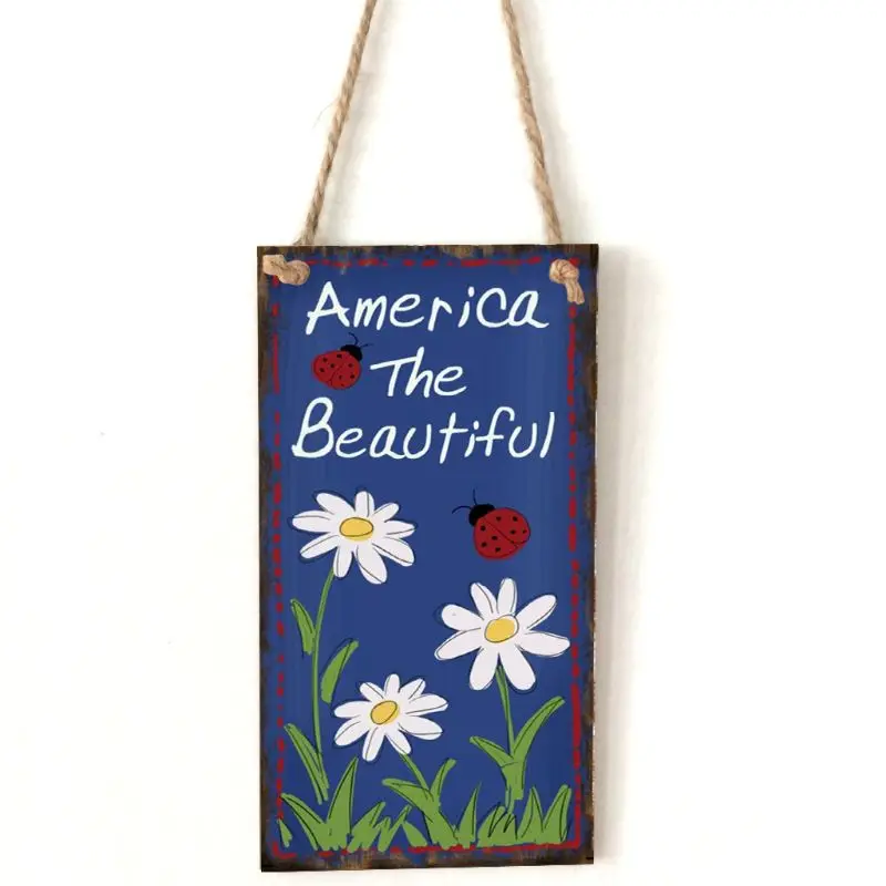 

Vintage Wooden Hanging Plaque America The Beautiful Flower Sign Board Wall Door Home Decoration Independence Day Party Gift