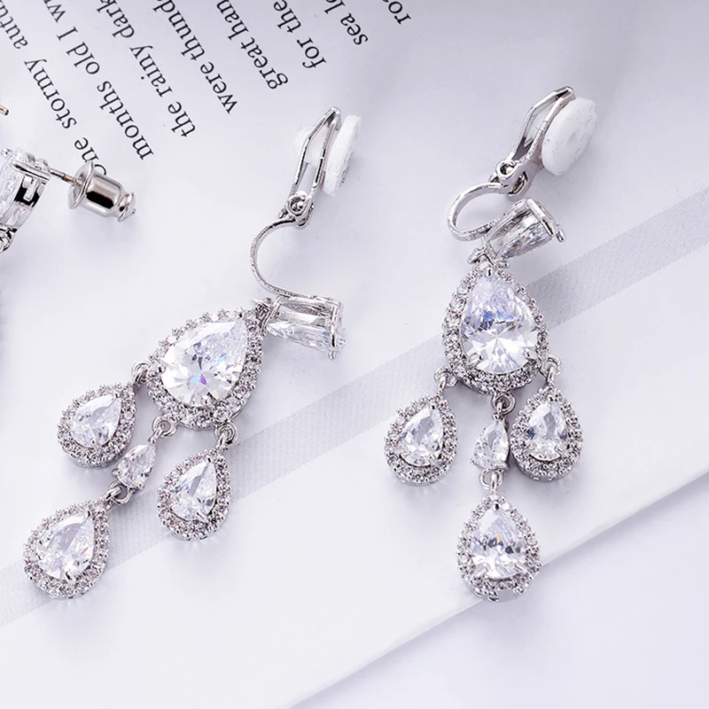 

Chandelier Water Drop Shape Pink CZ Cubic Zirconia Elegant Long Dangle Women Wedding earring clips no pierced ear clips