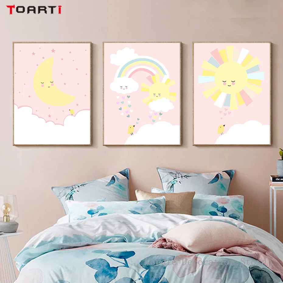 Pink Sun Rainbow Moon Wall Art Canvas Painting  (3)