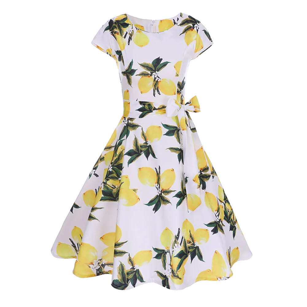 

Women short Sleeve Vintage Bodycon Slim Dress O Neck Evening Print Bow Party Flower Dress For Female L30704