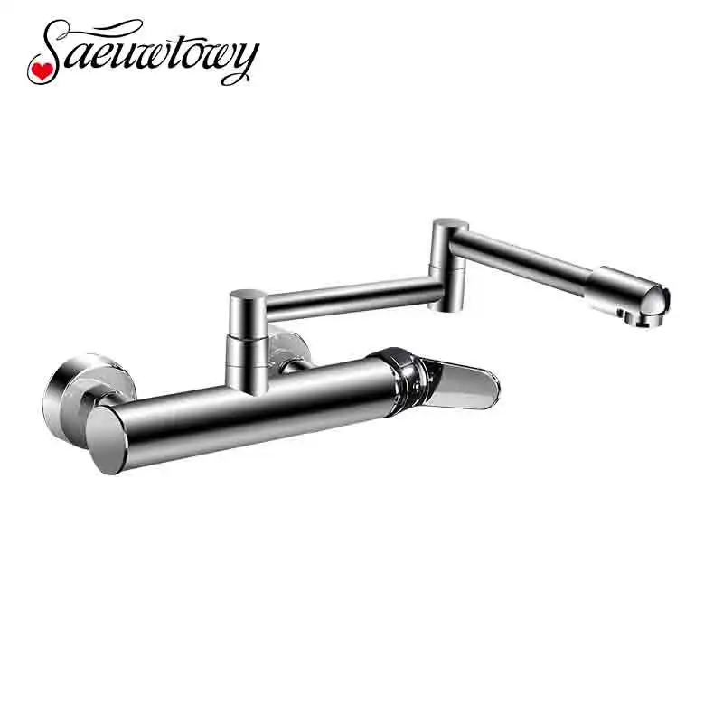 

Saeuwtowy Chrome Kitchen Faucet Hot and Cold Mixer Tap Wall Mounted Swivel Stretch two Hole Single Holder