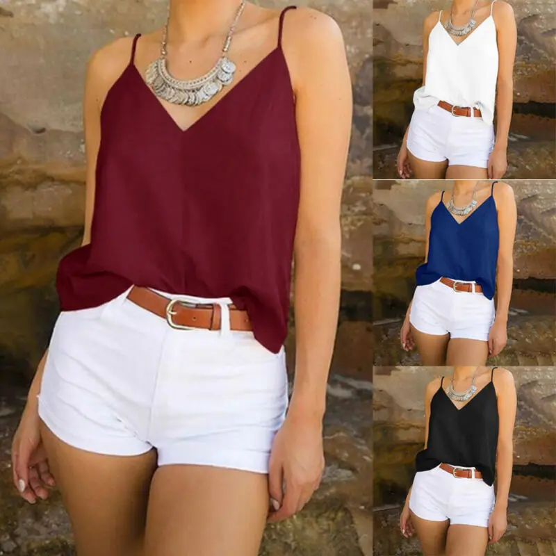 

Women Summer Chiffon V-Neck Vest Top Sleeveless Tanks Casual Solid Tank Tops