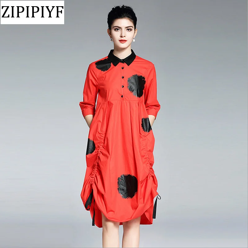 ZIPIPIYF 2018 new spring Elegant Casual shirt dress Half polka dot dress designer casual dress plus size womens dresses