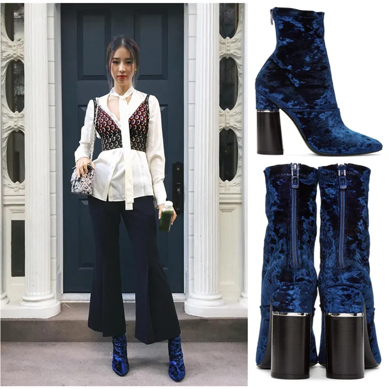 Royal Blue Velvet Short Booties Women High Heels Pointed Toe Back Zipper Ankle Boots Chunky Heel Botines Mujer Women