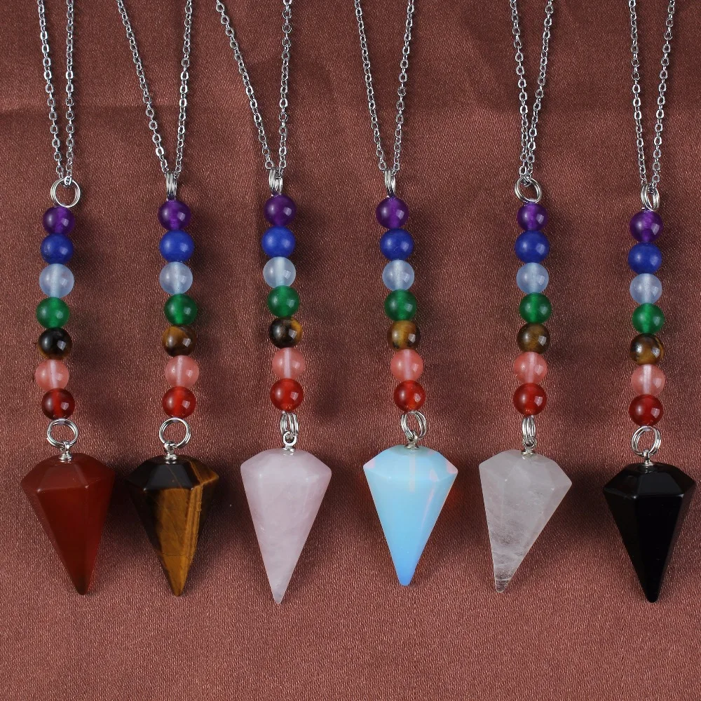 

xinshangmie Silver Plated Natural Rose Quartzs Tiger Eye Stone Pyramid 7 Healing Chakra Energy Round Beads Pendant Necklace