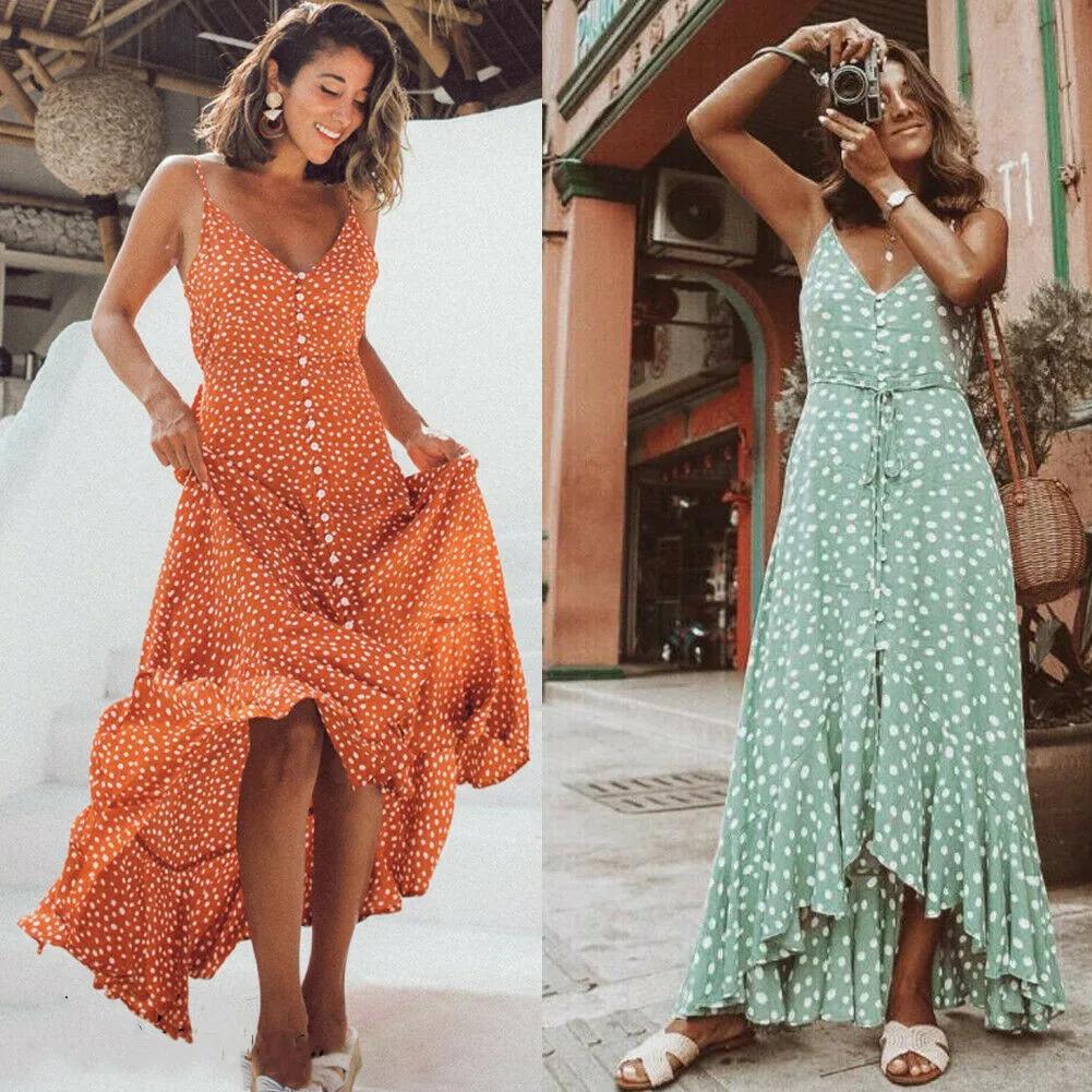 

Hirigin Womens Summer Boho Dot Print Sling Backless Maxi Ruffles Dress Lady Evening Party Beach Sundress