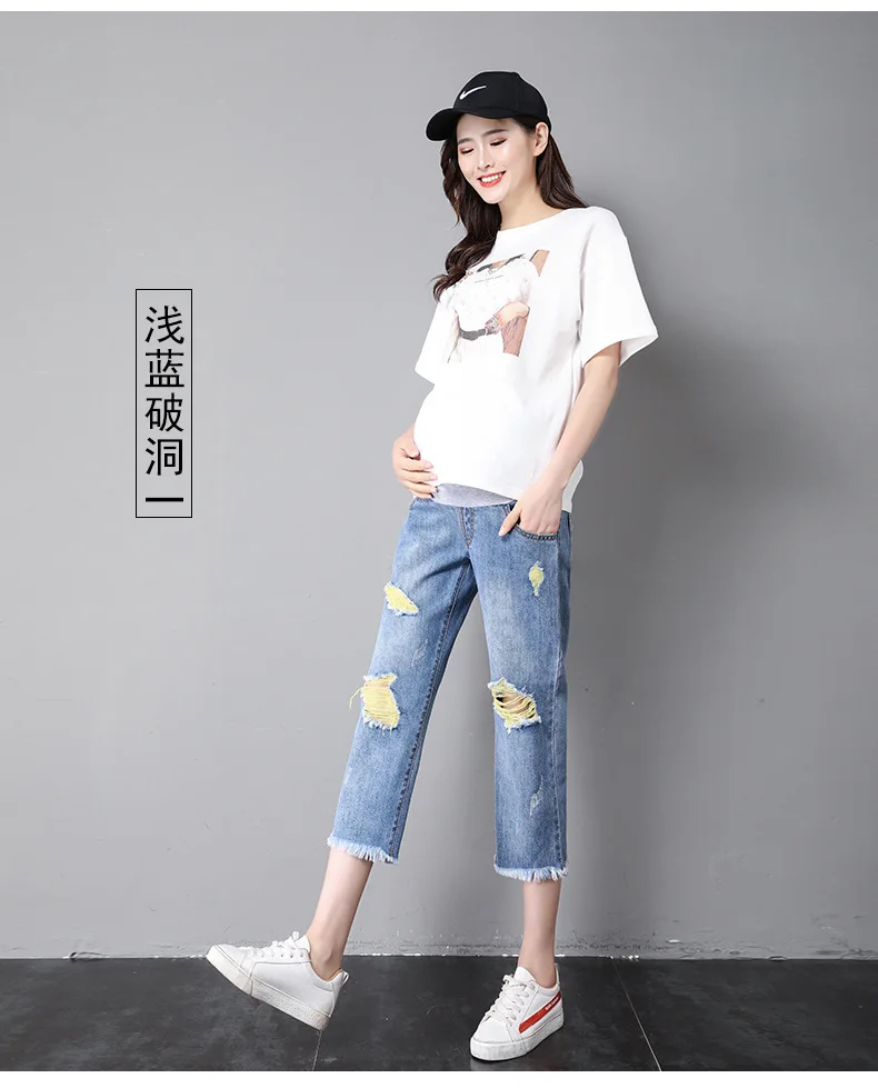 Calças de Algodão Verão Finas Mulheres Grávidas Calças Jeans Maternidade Buraco Moda Hight Cintura Gravidez Roupas Tamanho Grande 11 Calças Jeans Maternidade Buraco Moda Jeans Hight