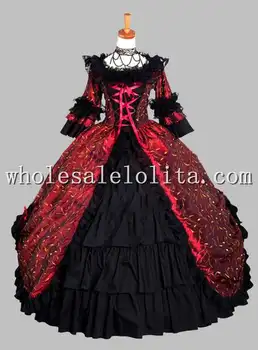 

Deluxe Gothic Black and Wine Red Leaves Print Victorian Era Ball Gown Stage Costume/ Historical Halloween Costume