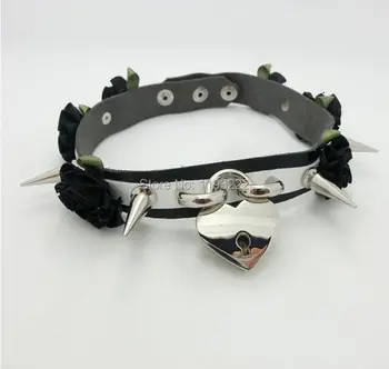 

Handmade Double Layered Leather Spikes Choker Necklace, Safe Heart Shaped Lock Key Collar Charm Necklace Pendant