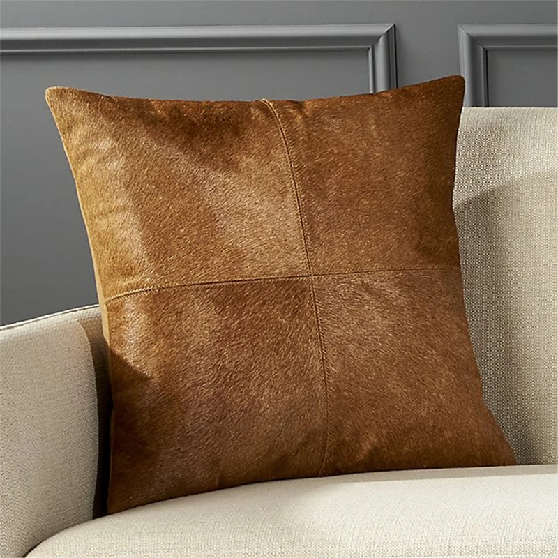 

Natural real fur cowhide brown leather pillowcase, custom size