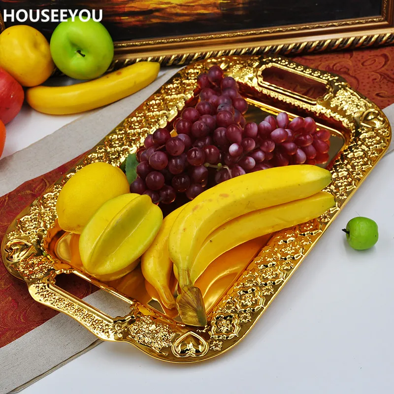 Large Size Metal Serving Tray Storage Tray Gold Fruit Plate Wedding Decoration Kitchen Storage Tools Home Supplies