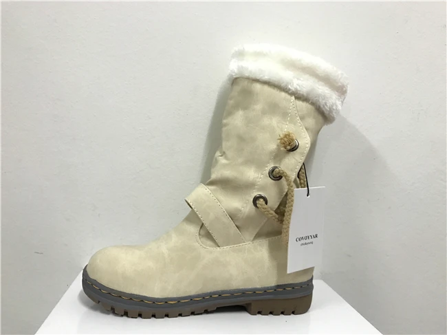 COVOYYAR/ женские ботинки на меху зимние теплые Дизайнерские Сапоги до середины икры с пряжкой женская обувь на шнуровке сзади размер 40 WBS584