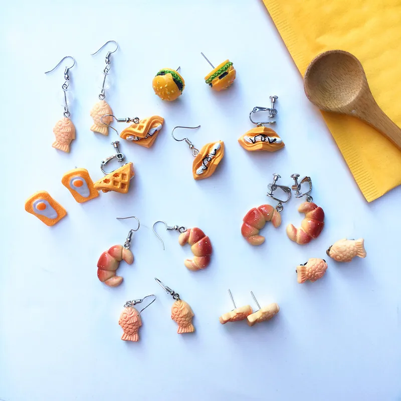 

Creative Handmade Food Toast Hamburger Drop Earrings For Women Girl Fashion Waffle Croissant Dangle Earrings Unique Jewelry Gift