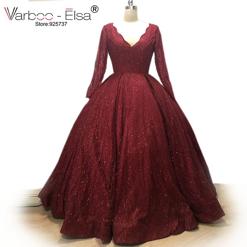 

VARBOO_ELSA Bling Bling Red Sequin Evening Dresses 2018 Real Photo Long Evening Dresses V neck Ball Gown Party Dress Custom Made