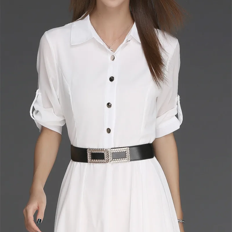 HANZANGL сезон: весна–лето женское платье 3/4 с длинным рукавом рубашка с поясом платье работа офис Разделение Длинные Maxi dress Vestidos черного и белого цвета