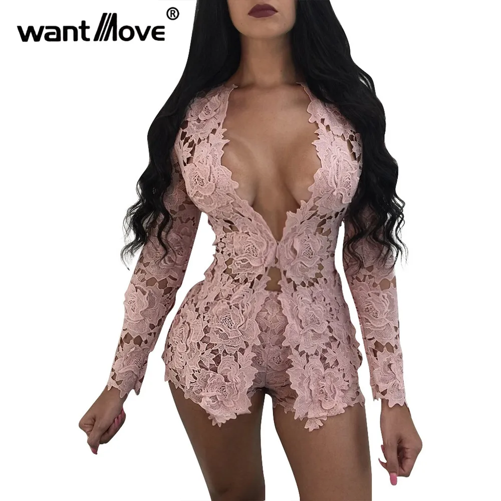 

Wantmove S-2XL lace women summer short sets sexy long sleeve v veck top 2019 fashion flower hollow out shorts sets WM082