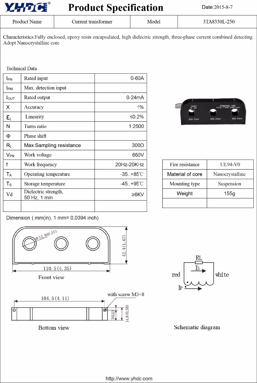 3TA8350L-250 60A: 24mA трехфазный curernt трансформатор