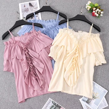 

2019 Women Short Puff Sleeve Slash neck Strap Ruffles Shirt New Casual Slim High Waist Off Shoulder Pullover Chiffon Blouse Tops
