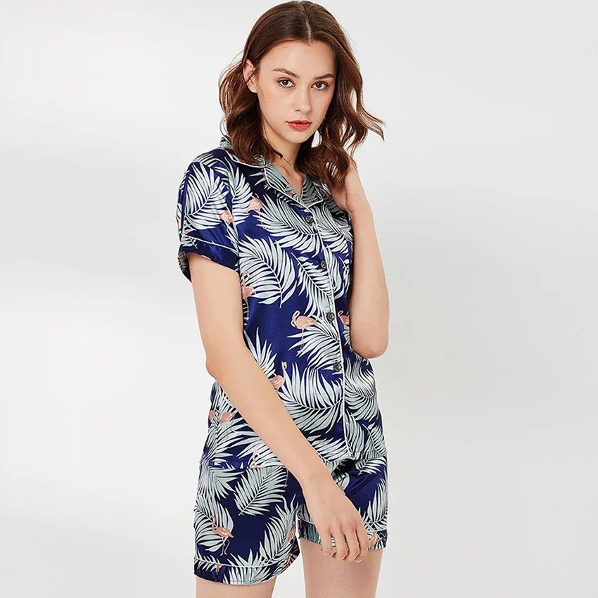 DANALA Sexy Silk Women Pajamas Sets With Shorts Summer Floral Print Turn-Down Collar Short Sleeve Sleepwear Sets