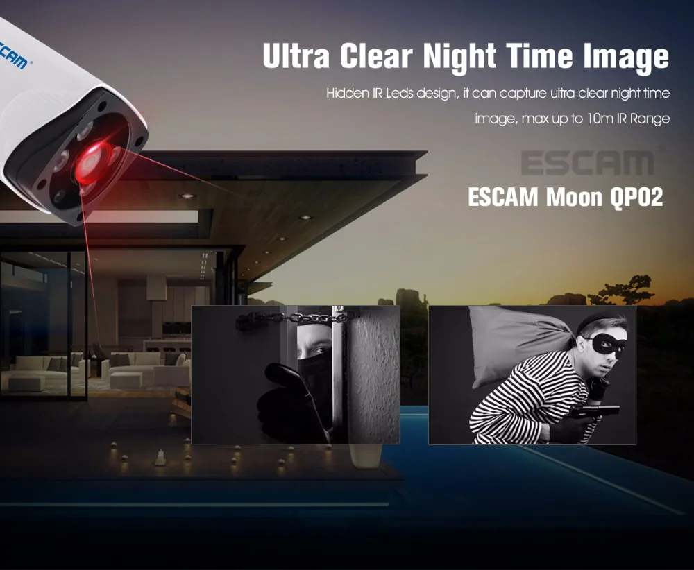 Escam Moon QP02 2MP HD 1080P Wi-Fi камера с сигнализацией, наружная цилиндрическая IR-Cut ip-камера с разрешением 180 градусов, поддержка Макс 64 ГБ, TF карта